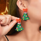 Shining Sequin Decor Acrylic Bow Christmas Tree Dangle Earrings