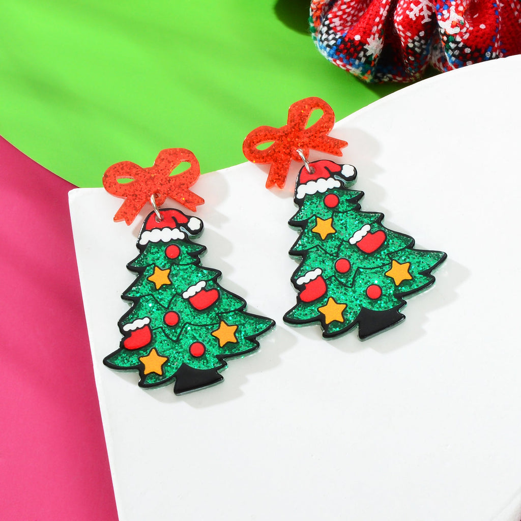 Shining Sequin Decor Acrylic Bow Christmas Tree Dangle Earrings