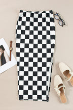 Checker Side Slit High Waist Midi Skirt