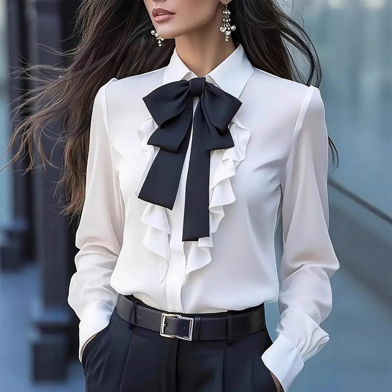 Silkbane | Ruffle trim bow-tie blouse