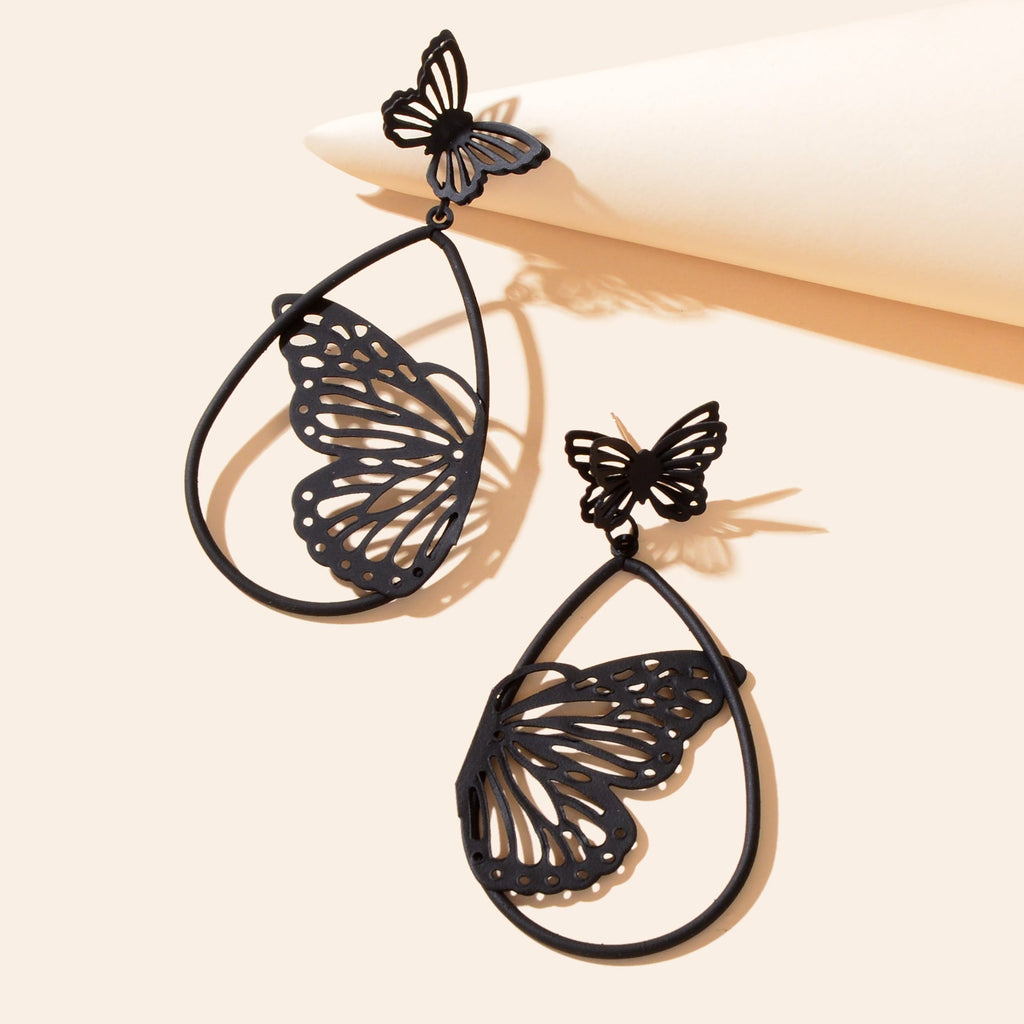 New Retro Black Hollow Butterfly Water Drop Earrings Party Decoration