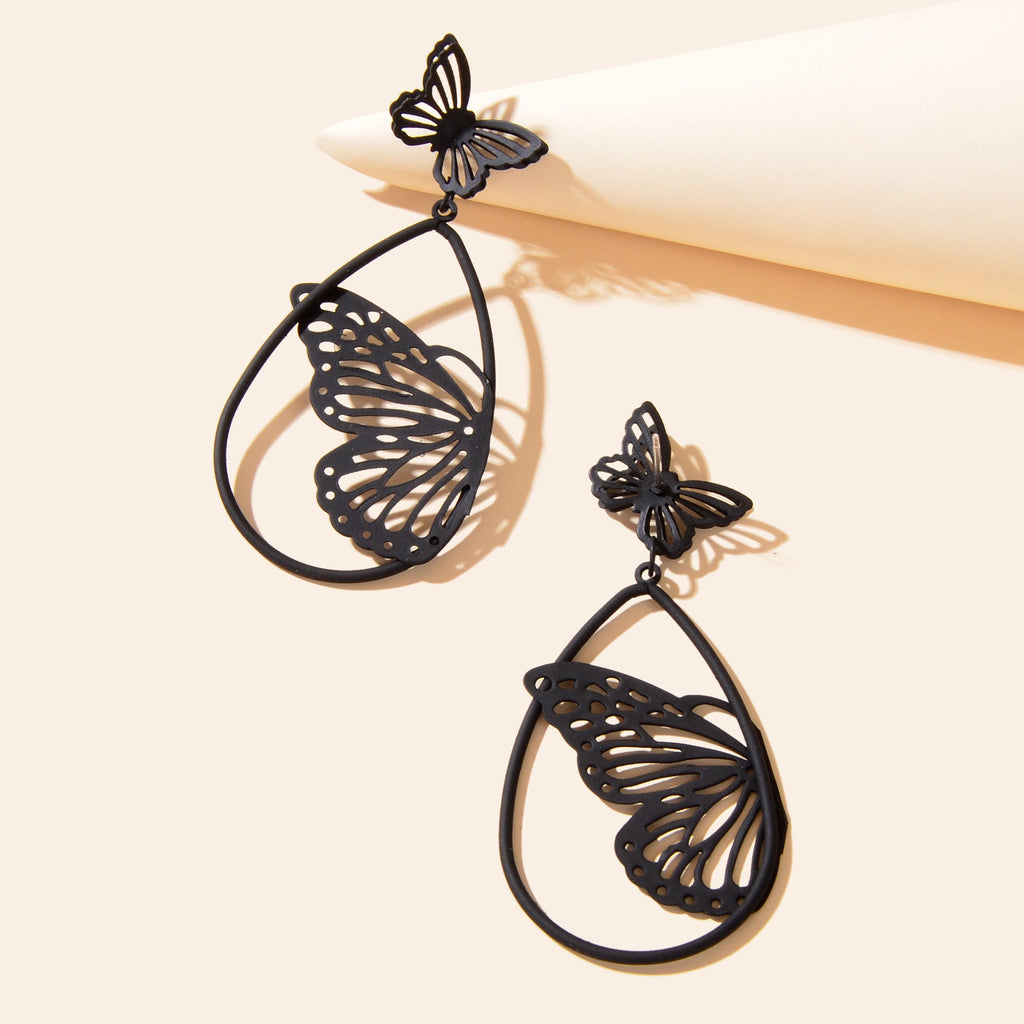 New Retro Black Hollow Butterfly Water Drop Earrings Party Decoration