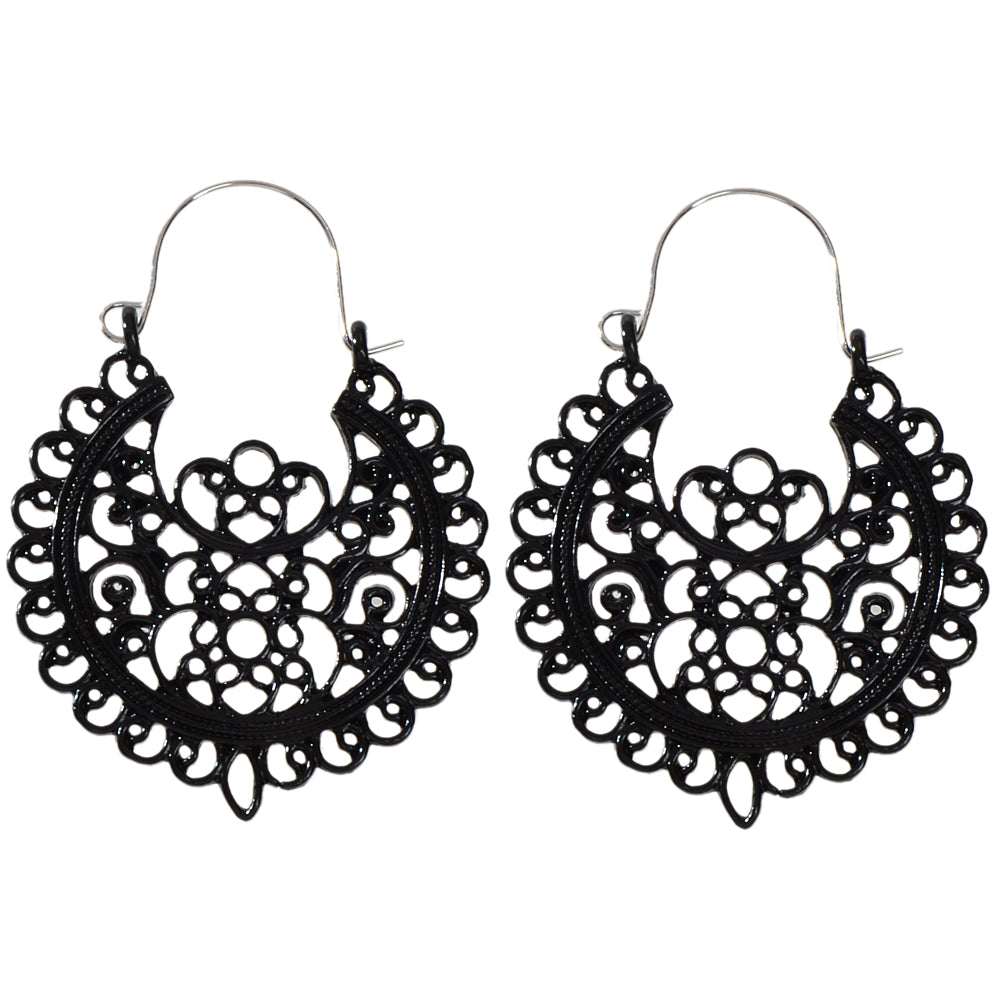Traditional Black Hollow out Geometric Flower Hoop Earrings Designer