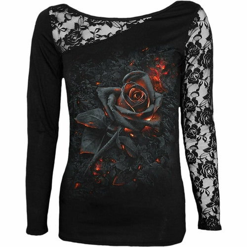 BURNT ROSE - Lace One Shoulder Top Black Long Sleeve Shirt