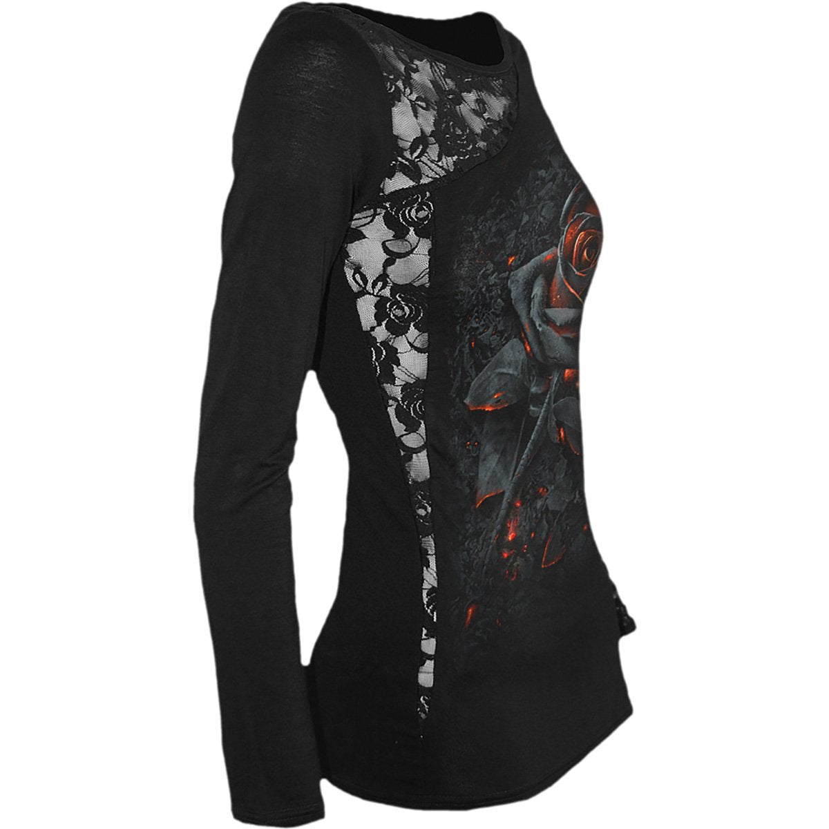 BURNT ROSE - Lace One Shoulder Top Black Long Sleeve Shirt