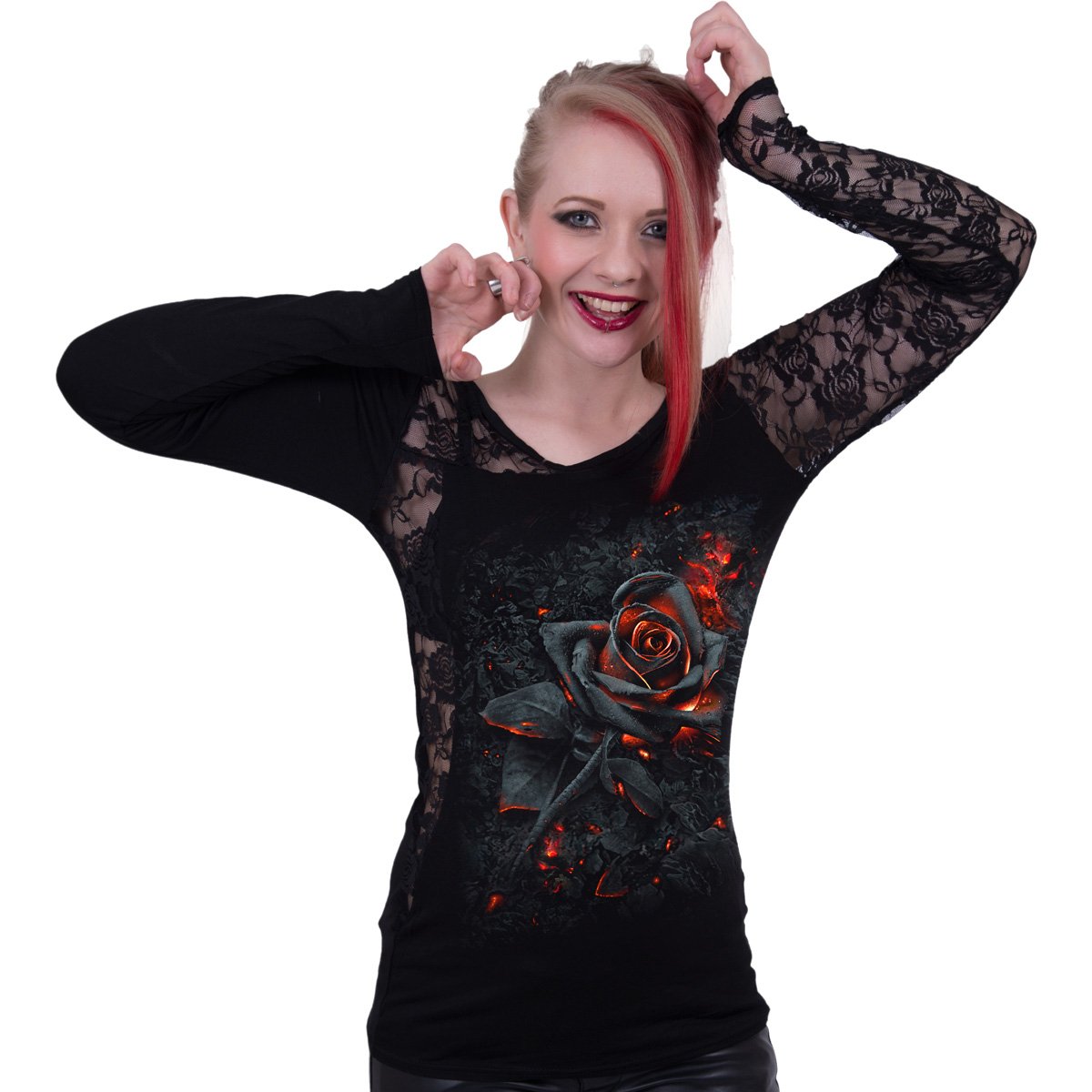 BURNT ROSE - Lace One Shoulder Top Black Long Sleeve Shirt