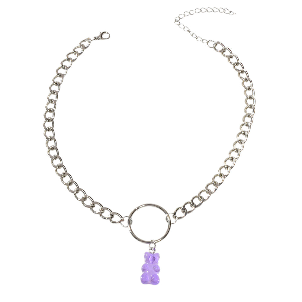 Lovely Jewellery Silver Chain Circle Purple Bear Pendant Necklace