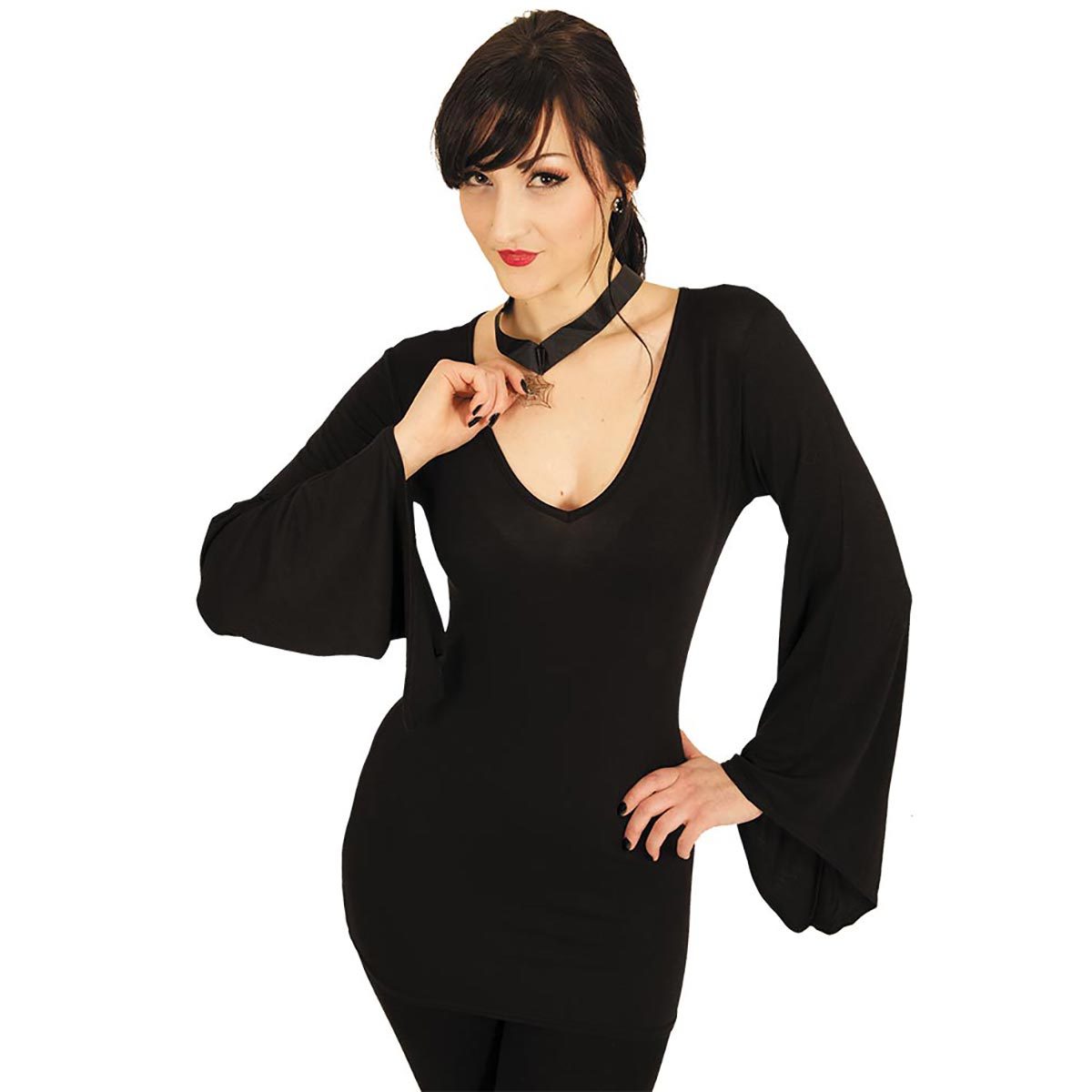 GOTHIC ELEGANCE - V Neck Goth Long Sleeve Top Black Dress