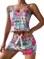 Cute Cartoon Print Satin Sleepwear Set – Women’s Spaghetti Strap Cami
