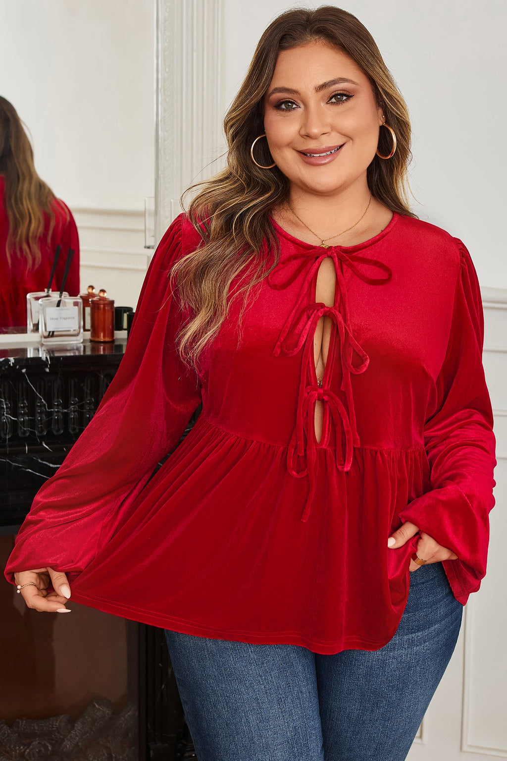 Plus Size Velvet Tie Front Peplum Blouse