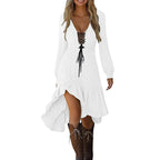 Women's Solid Color Deep V-Neck Irregular Ruffle Hem Sexy Tie-Waist With Cuffed Sleeves Summer Gothic Lace Trim Midi Dress
