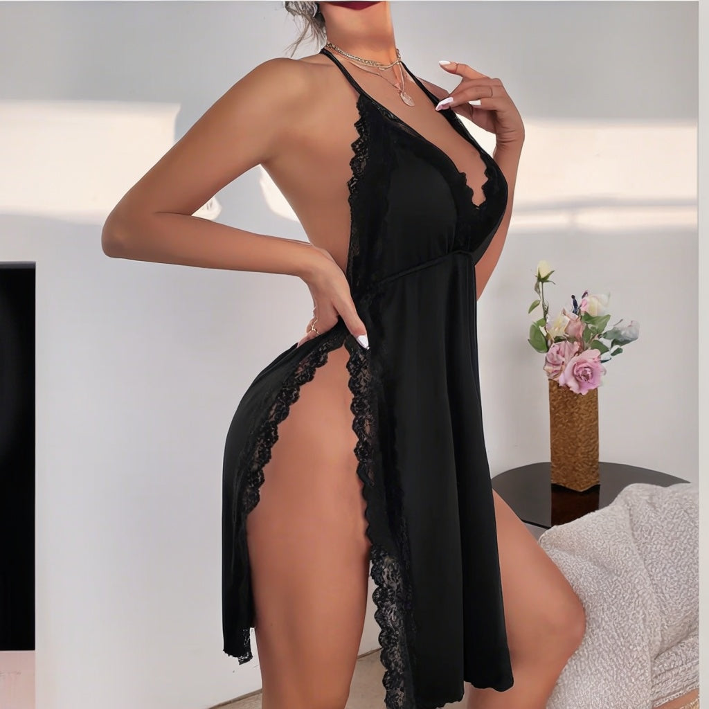 Noir Lace Slit Nightdress
