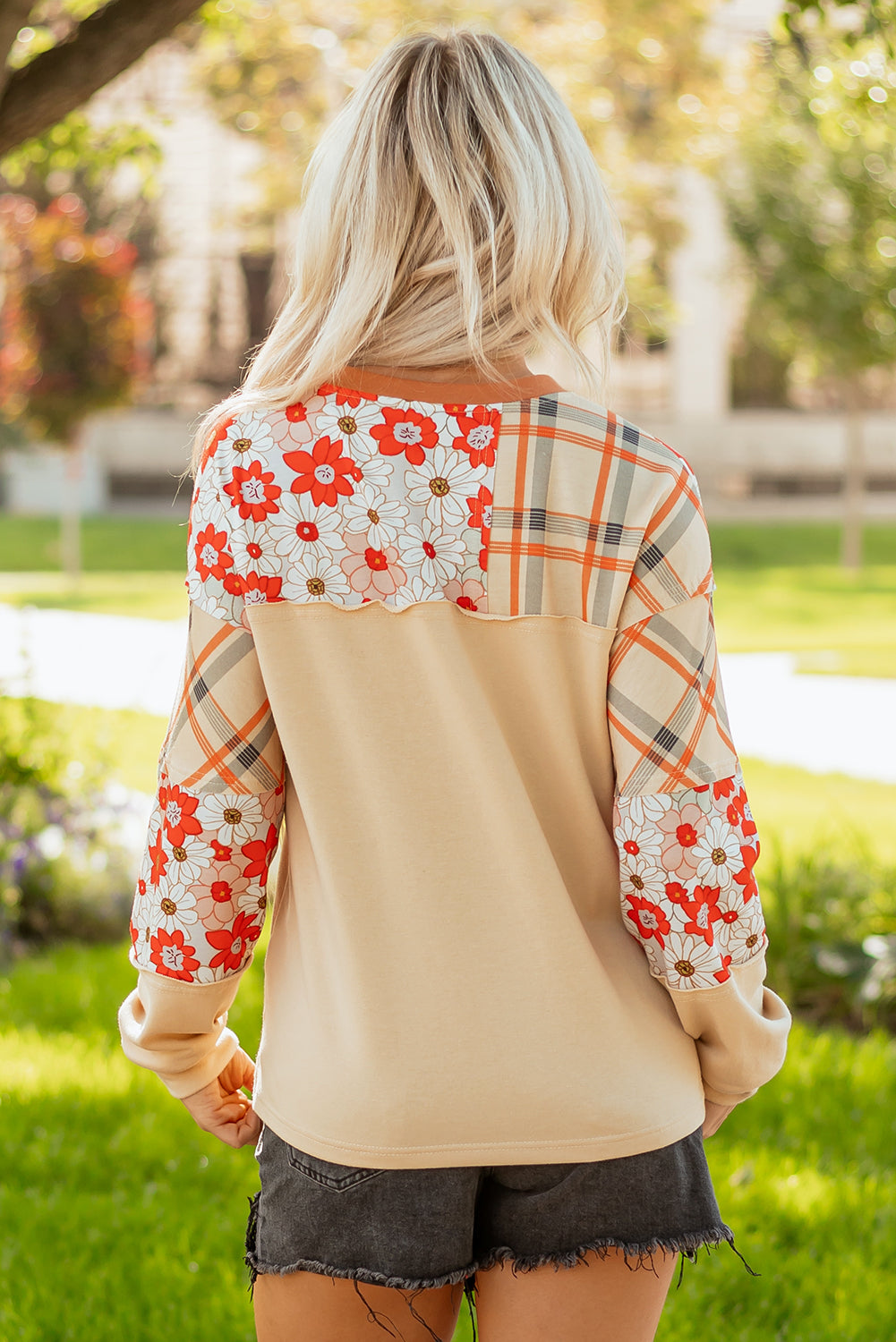 Floral Plaid Patchwork Long Sleeve Henley Top