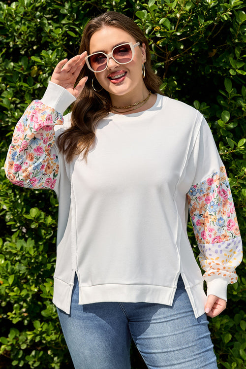 Plus Size Floral Patchwork Long Sleeve Reverse Seam Sweatshirt