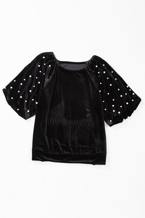Velvet Pearl Beaded Puff Sleeve Top