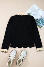 Colorblock Scallop Trim Long Sleeve Collared Top