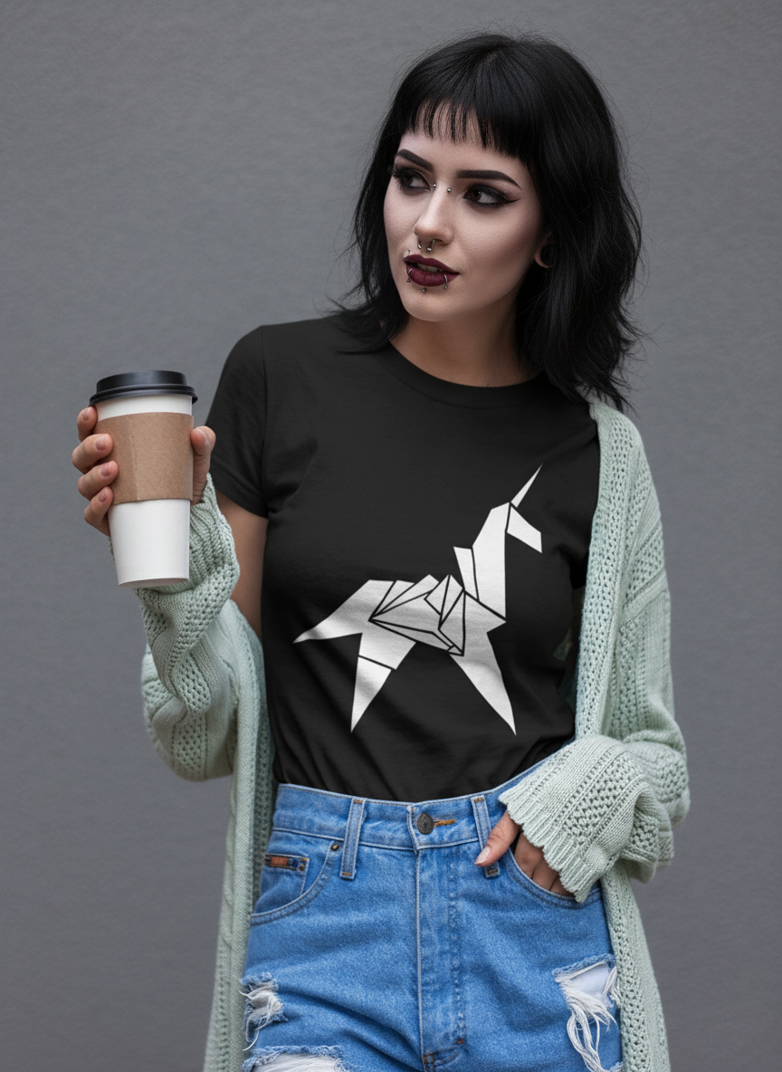 "Origami Unicorn" Black Graphic T-Shirt