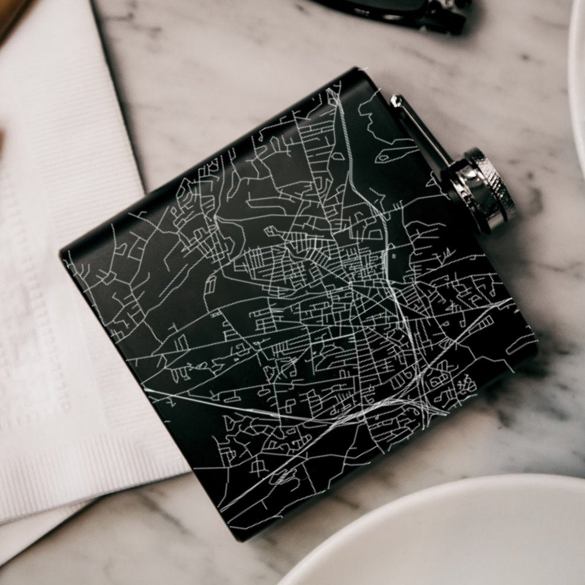 Meriden - Connecticut Engraved Map Hip Flask in Matte Black