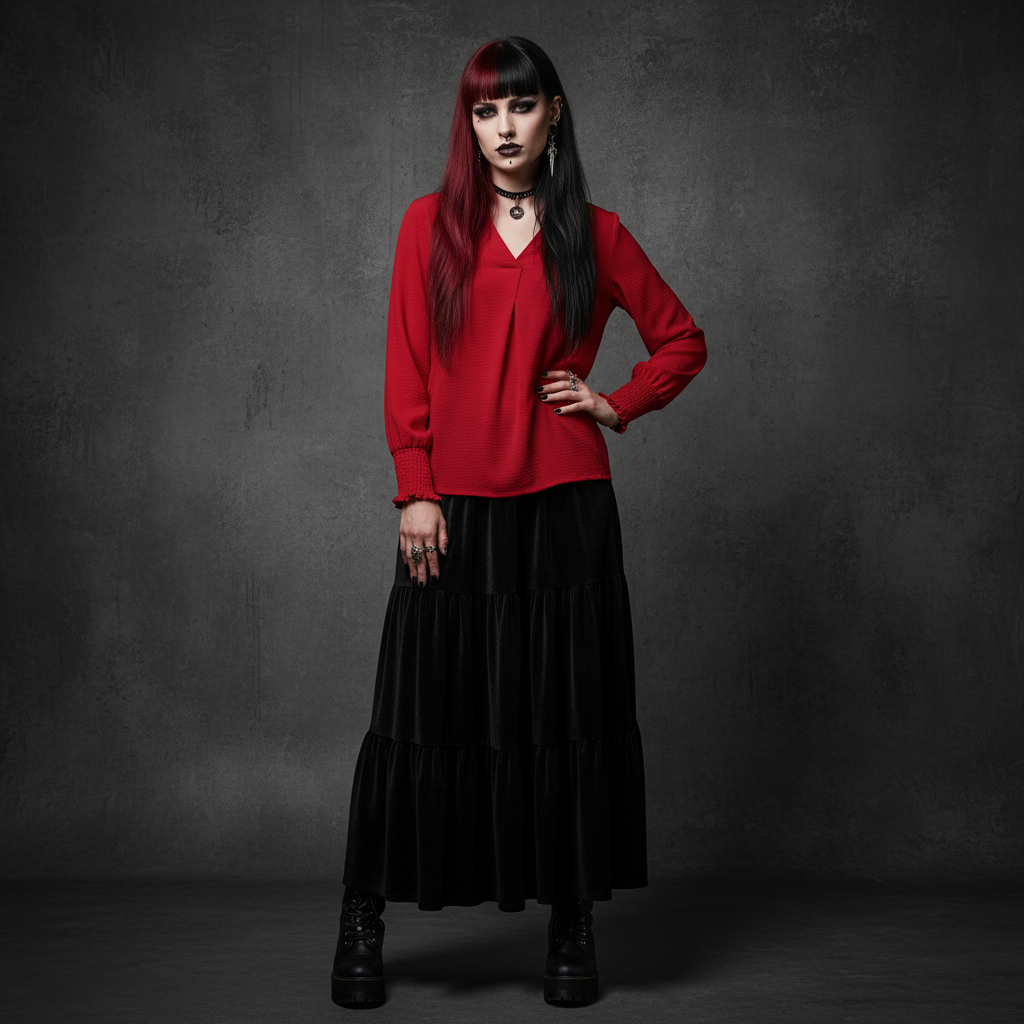 Fableline | Red smocked V-neck collared top