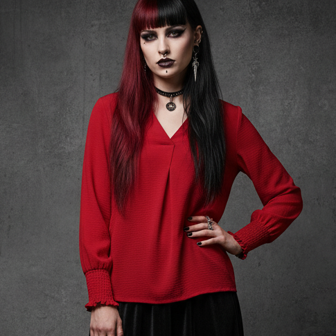 Fableline | Red smocked V-neck collared top