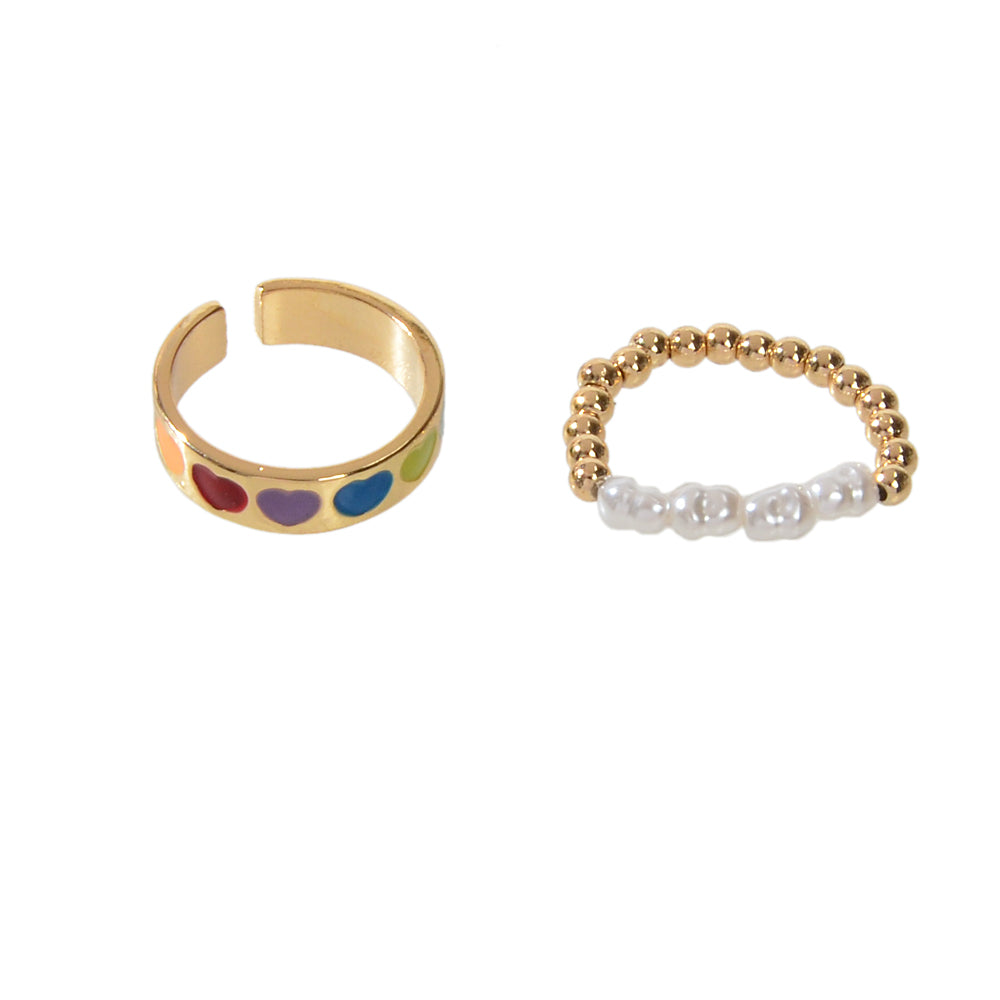 2 pcs Pearl Decor Elastic Ring Colorful Love Heart Enamel Finger Rings