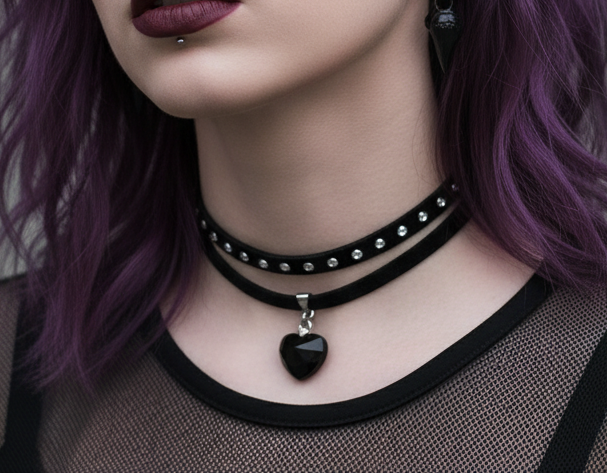Midnight Heart | Double Layer Choker – Black Crystal Gothic Necklace