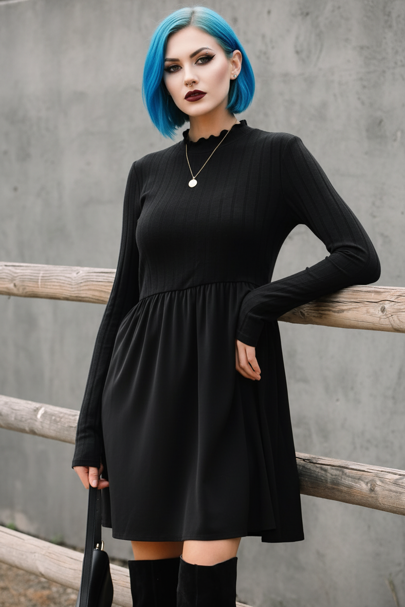 Midnight Stitch | Ribbed Knit Patchwork Long Sleeve Dress