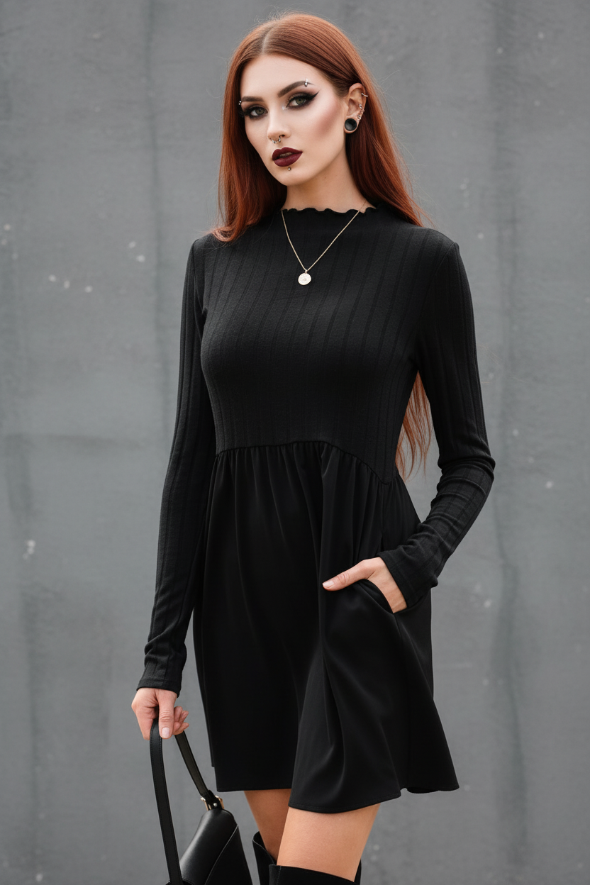 Midnight Stitch | Ribbed Knit Patchwork Long Sleeve Dress